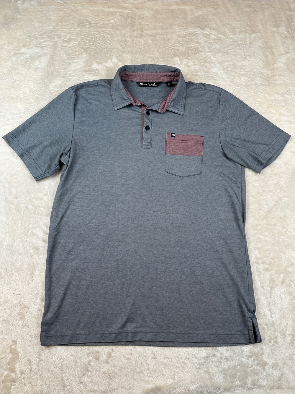 Travis Mathew Size M Gray Polo with Maroon Pocket Collar Trim | Preppy | Golf